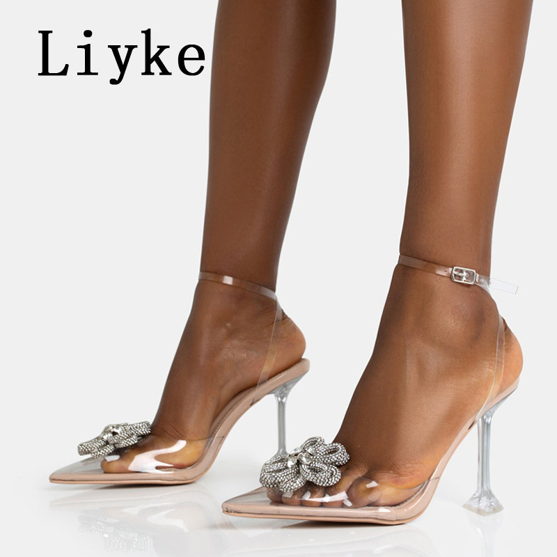 Liyke Čudan stil Prozirne visoke potpetice Ženske kristalne cvjetove PVC Cipele za vjenčanje sa špicastim prstima Ženske cipele Ljetne sandale
