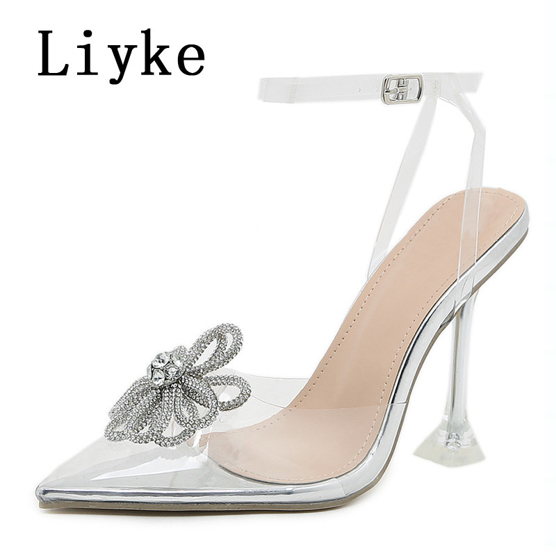 Liyke Čudan stil Prozirne visoke potpetice Ženske kristalne cvjetove PVC Cipele za vjenčanje sa špicastim prstima Ženske cipele Ljetne sandale