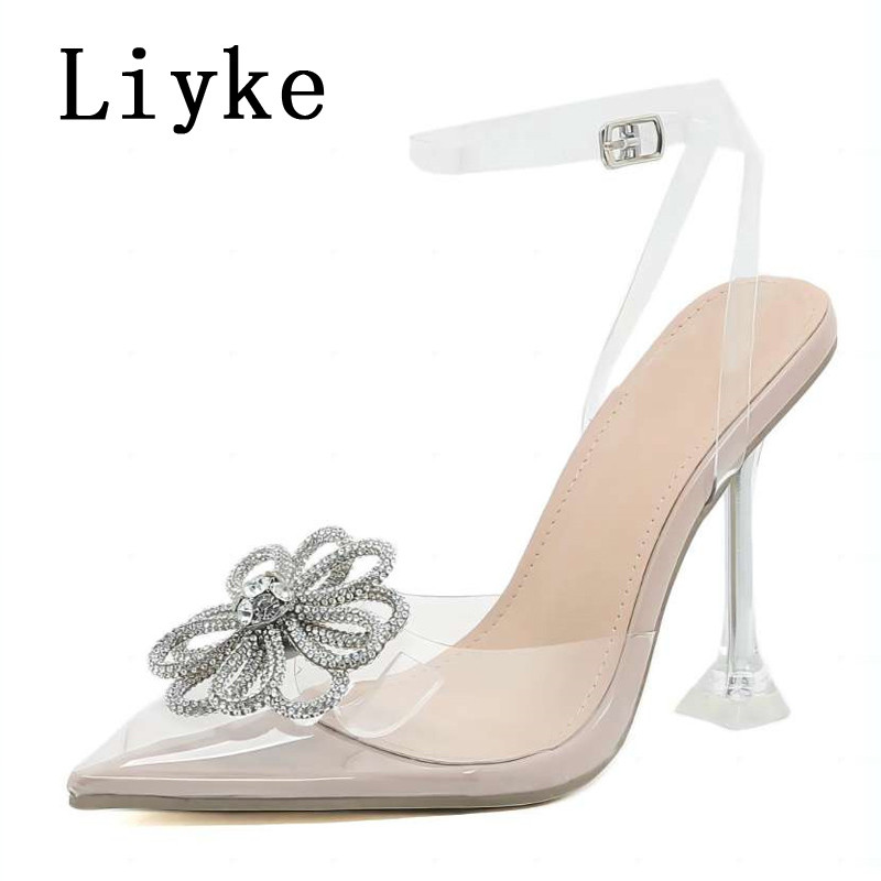 Liyke Čudan stil Prozirne visoke potpetice Ženske kristalne cvjetove PVC Cipele za vjenčanje sa špicastim prstima Ženske cipele Ljetne sandale
