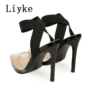 Liyke Нови постъпления Дизайн Еластична каишка с приплъзване Дамски обувки с висок ток Летни PVC прозрачни обувки Помпи Мулета Сандали Zapatos Mujer