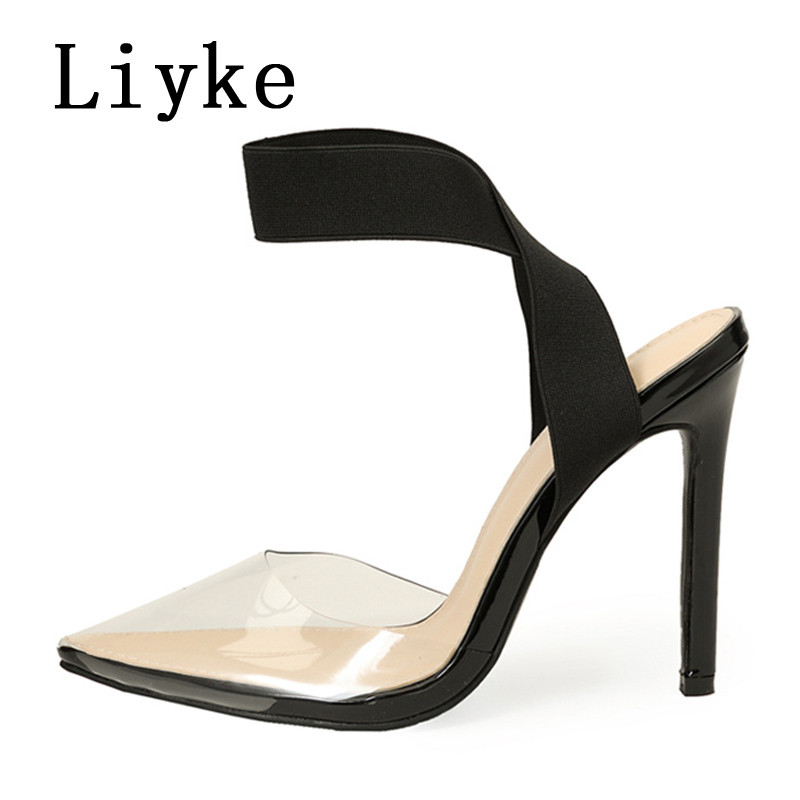 Liyke Novi dolasci Dizajn Slip-On Elastična naramenica Ženske visoke potpetice Ljetne PVC Prozirne cipele Cipele Cipele Mule Sandale Zapatos Mujer