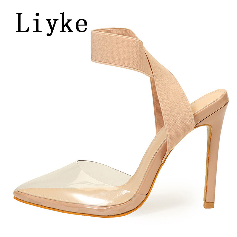 Liyke Novi dolasci Dizajn Slip-On Elastična naramenica Ženske visoke potpetice Ljetne PVC Prozirne cipele Cipele Cipele Mule Sandale Zapatos Mujer