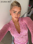 JULISSA MO Transparente cu decolteu în V cu mâneci lungi din dantelă topuri slabe ținute femei 2023 tricouri club de petrecere de vară tricouri haine de petrecere de club