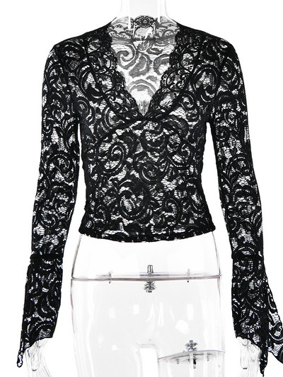 JULISSA MO Transparente cu decolteu în V cu mâneci lungi din dantelă topuri slabe ținute femei 2023 tricouri club de petrecere de vară tricouri haine de petrecere de club