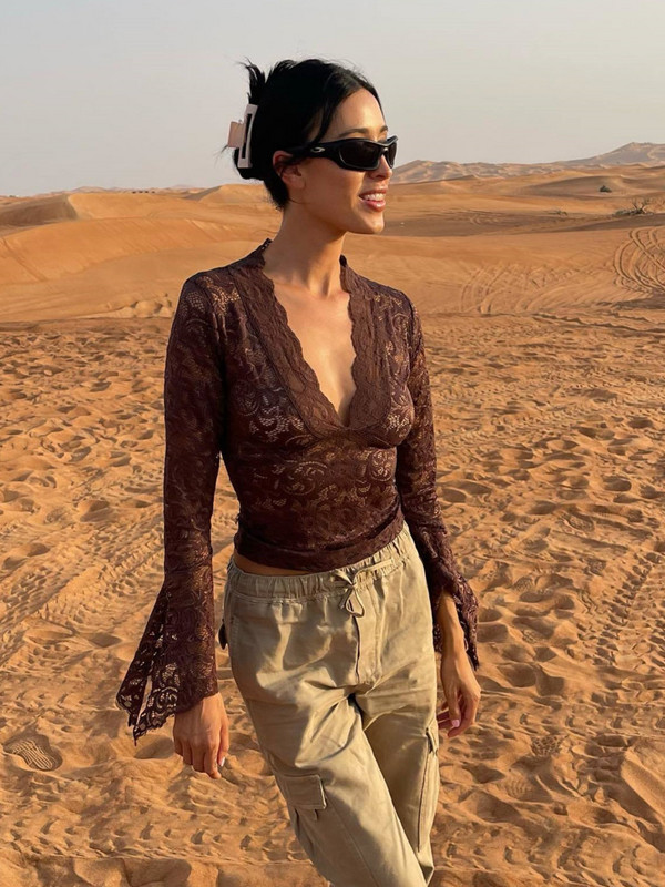 JULISSA MO Transparente cu decolteu în V cu mâneci lungi din dantelă topuri slabe ținute femei 2023 tricouri club de petrecere de vară tricouri haine de petrecere de club