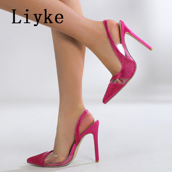 Liyke Дамски сандали с остри пръсти, кристални прозрачни дамски помпи, тънки, високи токчета, плътни секси дамски летни обувки Stiletto