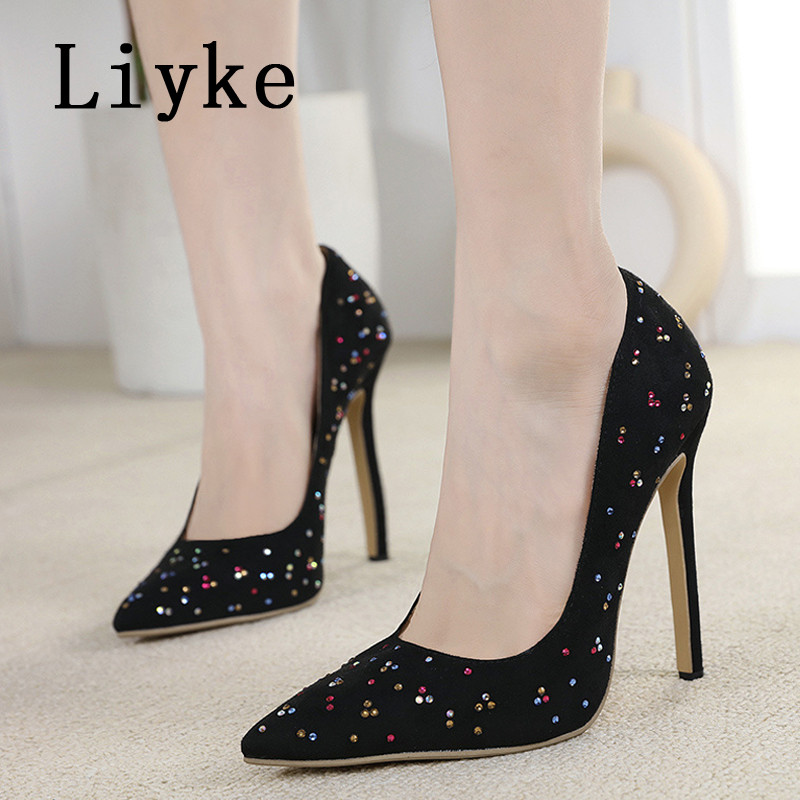 Liyke Proljeće Ljeto Crne visoke potpetice Seksi cipele sa šiljatim prstima od kristala sa vještim dijamantom Ženske cipele na cipele Sandale veličina 42