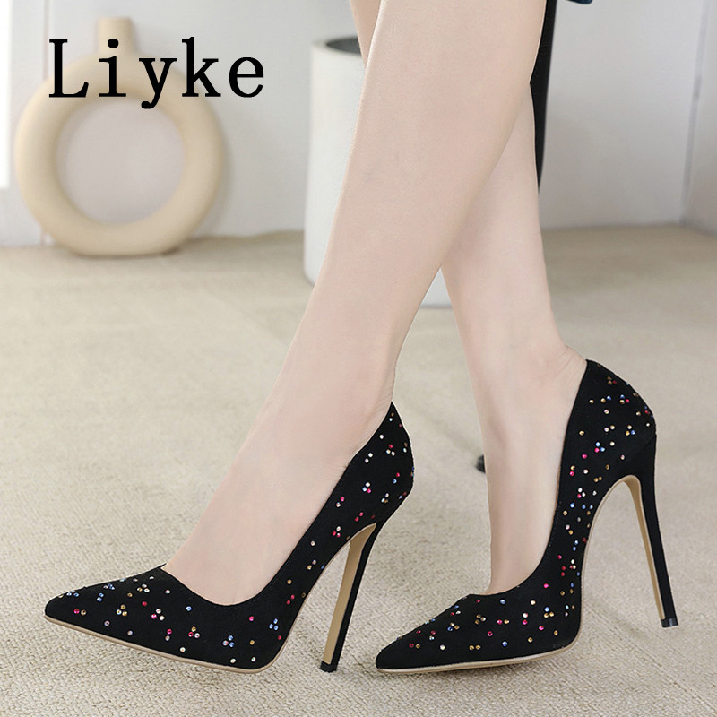 Liyke Proljeće Ljeto Crne visoke potpetice Seksi cipele sa šiljatim prstima od kristala sa vještim dijamantom Ženske cipele na cipele Sandale veličina 42