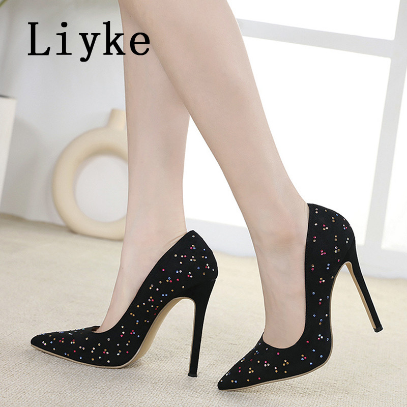 Liyke Proljeće Ljeto Crne visoke potpetice Seksi cipele sa šiljatim prstima od kristala sa vještim dijamantom Ženske cipele na cipele Sandale veličina 42
