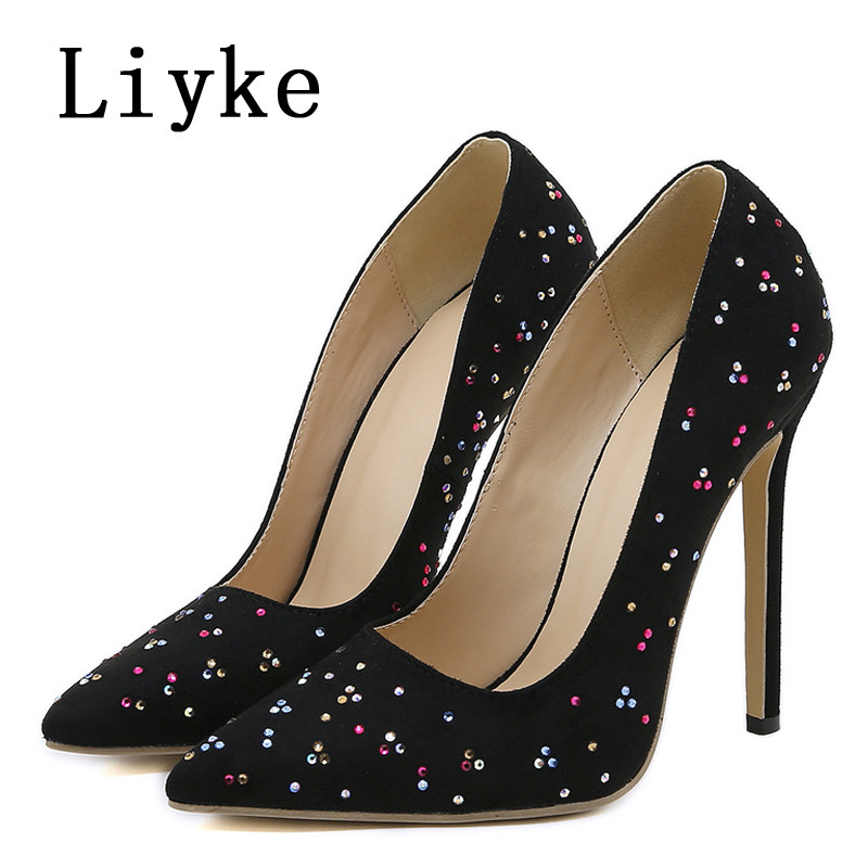 Liyke Proljeće Ljeto Crne visoke potpetice Seksi cipele sa šiljatim prstima od kristala sa vještim dijamantom Ženske cipele na cipele Sandale veličina 42