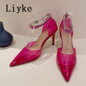 Liyke, cu lanț cu diamante, curea Anke, cu pantofi cu toc înalt de 8,5 cm, PVC, transparent, cu vârf ascuțit, pantofi pentru bal de absolvire