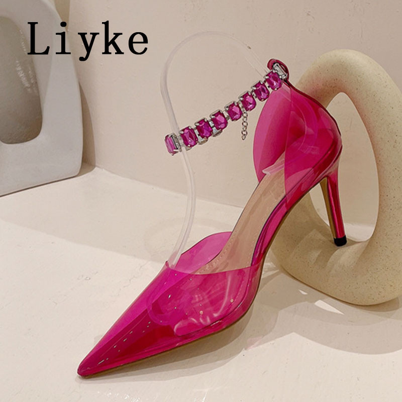 Liyke novi dizajn dijamantni lanac Anke remen Ženske cipele na visoku petu 8,5 CM PVC prozirne cipele sa šiljatim prstima na stileto party Prom