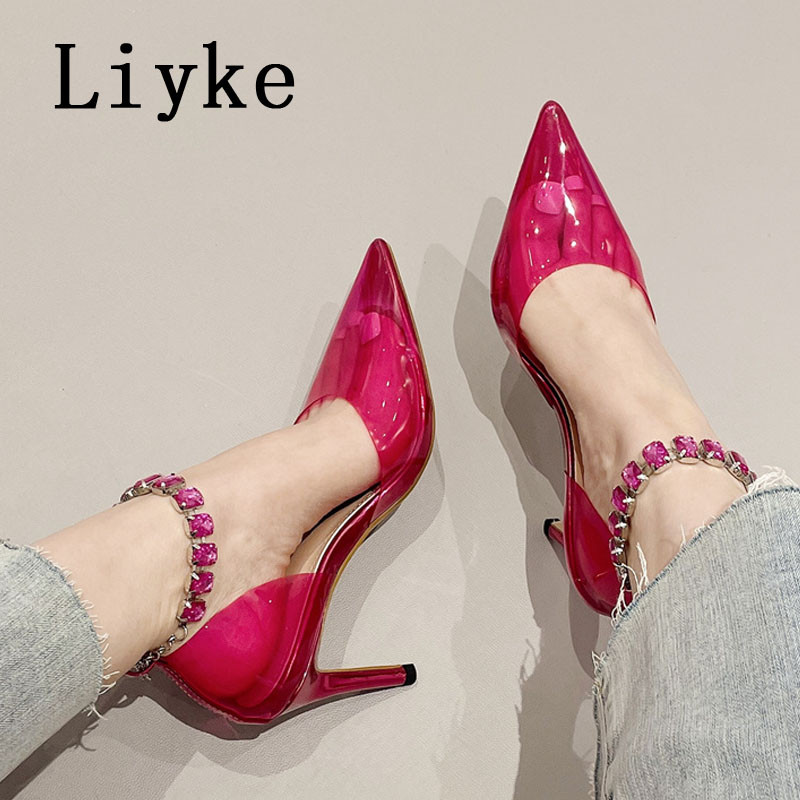 Liyke novi dizajn dijamantni lanac Anke remen Ženske cipele na visoku petu 8,5 CM PVC prozirne cipele sa šiljatim prstima na stileto party Prom