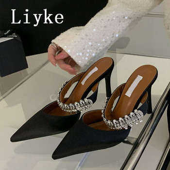 Марка Liyke Модни дамски обувки с каишка от кристали Дамски сандали с остри пръсти Стилетни токчета Мулета Плъзгачи Обувки Чехли Дамски