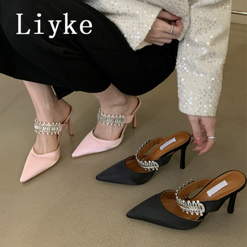 Марка Liyke Модни дамски обувки с каишка от кристали Дамски сандали с остри пръсти Стилетни токчета Мулета Плъзгачи Обувки Чехли Дамски