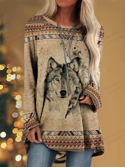 Ženska majica kratkih rukava s 3d printom vuka Ženske modne majice s životinjama Ležerne majice s dugim rukavima Vintage majice širokih majica sova