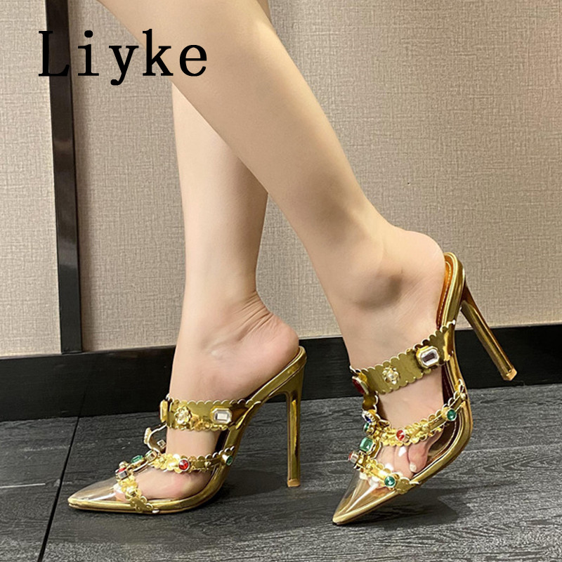 Modne ženske cipele s dijamantskim dijamantima marke Liyke Seksi klupske striptizete sa šiljatim prstima Visoke pete Mule sandale Cipele na štikle Papuče