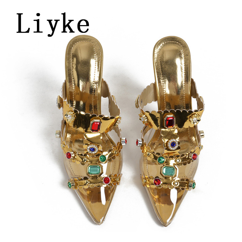 Modne ženske cipele s dijamantskim dijamantima marke Liyke Seksi klupske striptizete sa šiljatim prstima Visoke pete Mule sandale Cipele na štikle Papuče