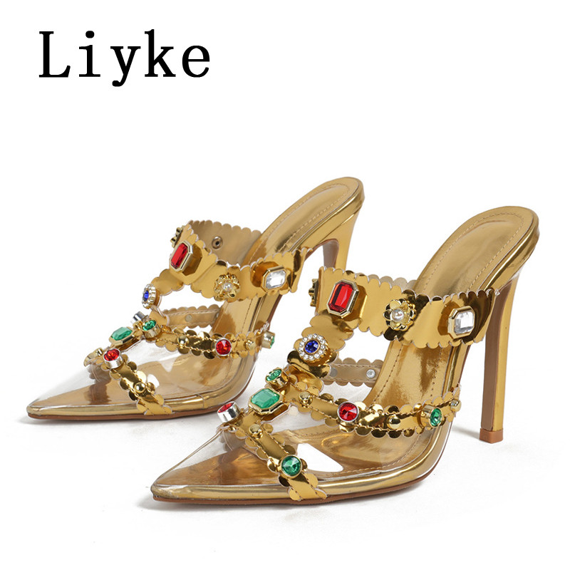 Modne ženske cipele s dijamantskim dijamantima marke Liyke Seksi klupske striptizete sa šiljatim prstima Visoke pete Mule sandale Cipele na štikle Papuče