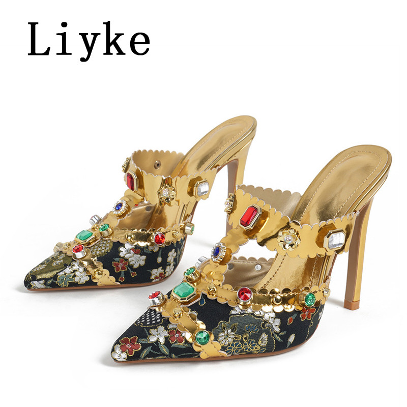 Modne ženske cipele s dijamantskim dijamantima marke Liyke Seksi klupske striptizete sa šiljatim prstima Visoke pete Mule sandale Cipele na štikle Papuče