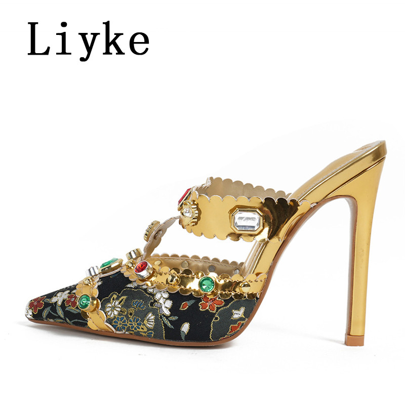 Modne ženske cipele s dijamantskim dijamantima marke Liyke Seksi klupske striptizete sa šiljatim prstima Visoke pete Mule sandale Cipele na štikle Papuče