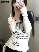 Dámske tričko s potlačou graffiti písmen KOSAHIKI, úzke crop topy s dlhým rukávom, estetické grunge tričká s motívom Y2k, streetwear, Harajuku tričká