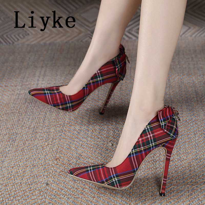Liyke Elegantne ženske salonke za vjenčanje striptizete na visoke potpetice mješovitih boja, karirane traper mašne, ljetne cipele na špicu