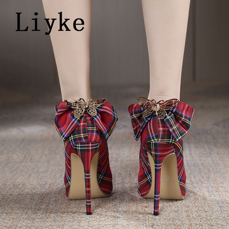 Liyke Elegantne ženske salonke za vjenčanje striptizete na visoke potpetice mješovitih boja, karirane traper mašne, ljetne cipele na špicu