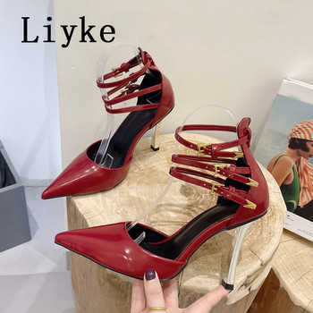Liyke размер 35-41 Секси фетиш високи токчета Дамски помпи 2023 г. Модни каишки с катарама на глезена Обувки за нощен клуб Летни дамски сандали