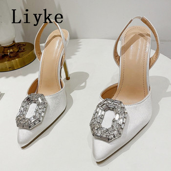 Liyke 2023 Нова мода със стрази Дамски обувки Сандали с кристална катарама Копринени остри пръсти Тънки обувки с висок ток Парти абитуриентски обувки