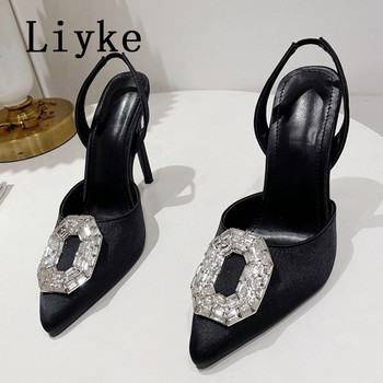 Liyke 2023 Нова мода със стрази Дамски обувки Сандали с кристална катарама Копринени остри пръсти Тънки обувки с висок ток Парти абитуриентски обувки