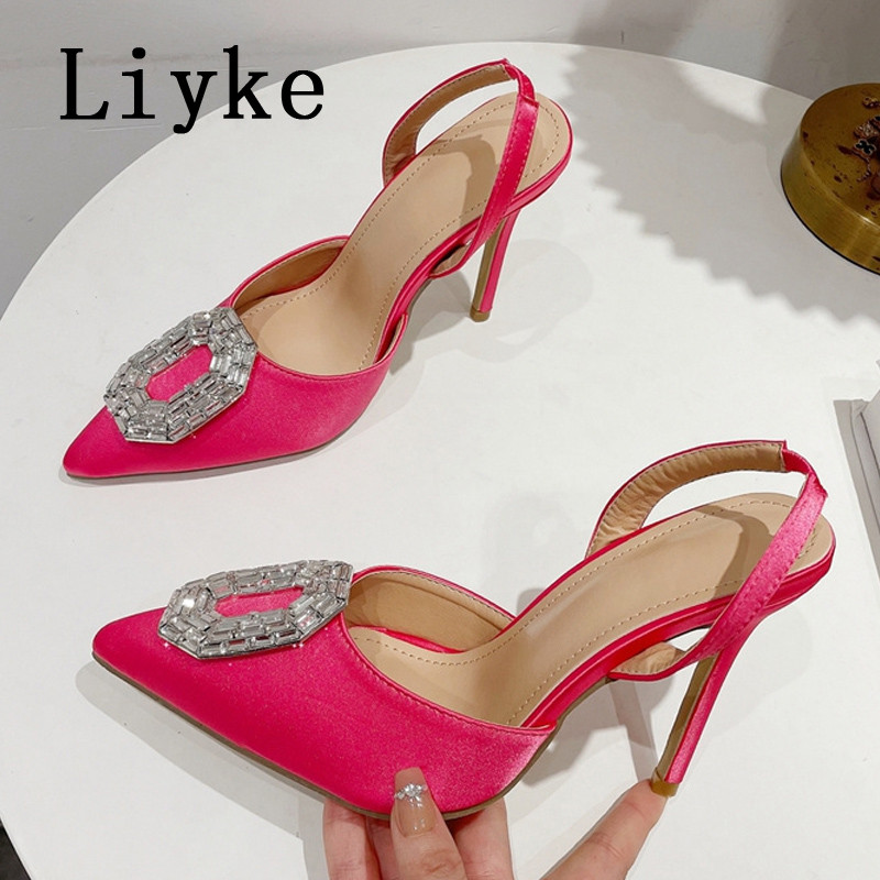 Liyke 2023, nove modne ženske sandale na štikle sa vještim kamenčićima, kristalne kopče, svilene cipele sa šiljatim prstima, tanke cipele na visoku petu, cipele za maturalnu zabavu