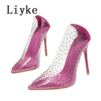 Liyke Секси прозрачни PVC сватбени обувки с остри пръсти за жени Булка Crystal Rhinestone Високи токчета Помпи Escarpins Femmes Talons