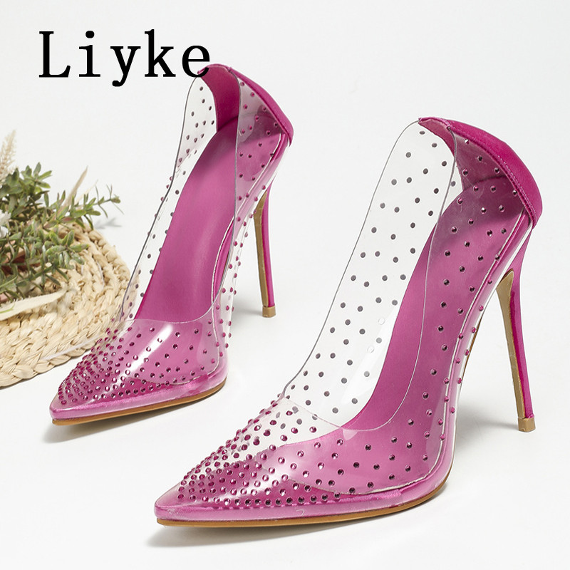 Liyke Seksi prozirne PVC vjenčane cipele sa špicastim prstima za mladenke Visoke potpetice sa kristalnim dijamantom Ženske štikle Ženske kandže