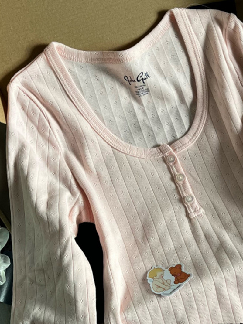 Izdubljena ružičasta majica dugih rukava Ljetna majica s okruglim izrezom i gumbima Pamučna uska seksi majica za žene Vintage Slatke slatke y2k majice Chic