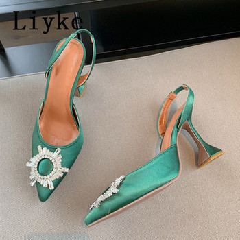 Марка Liyke 2023 Дамски сандали с помпи Модни остри пръсти Кристална катарама Удобни летни сватбени обувки на високи токчета