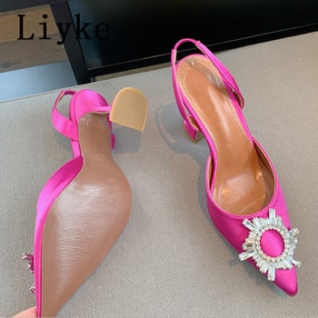 Марка Liyke 2023 Дамски сандали с помпи Модни остри пръсти Кристална катарама Удобни летни сватбени обувки на високи токчета