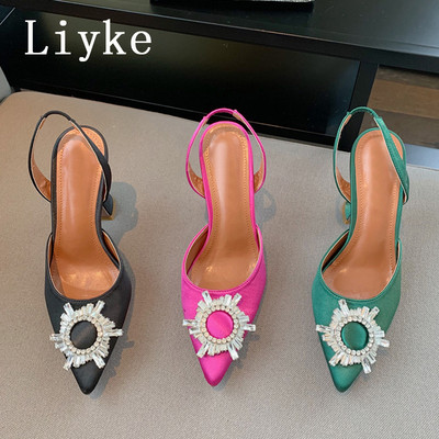 Liyke 2023 Brand Women Pumps Σανδάλια Μόδας με μυτερά δάχτυλα με κρυστάλλινη πόρπη Άνετα ψηλοτάκουνα καλοκαιρινά παπούτσια γάμου