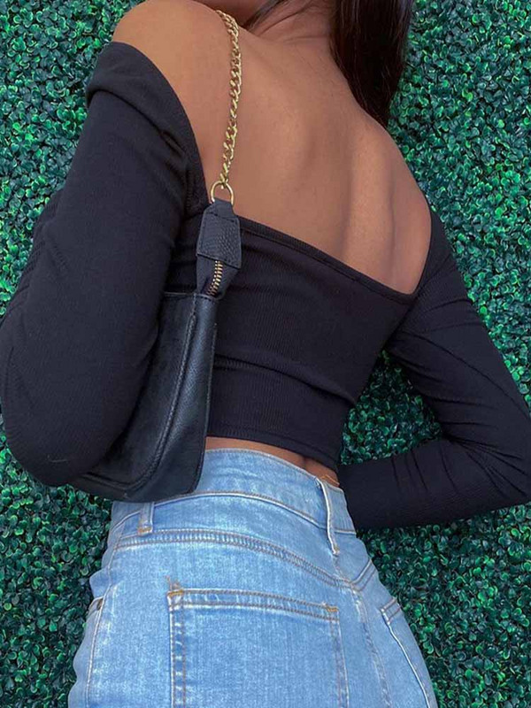 Kratke majice dugih rukava s izdubljenim V-izrezom Proljeće Jesen Ležerna moda Ženske četvrtaste kragne Tanke rebraste majice bez leđa