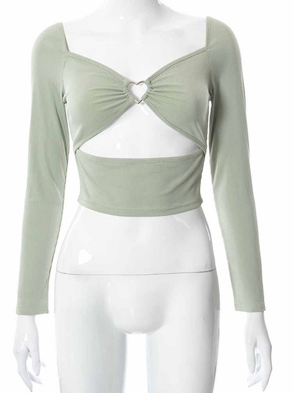 Kratke majice dugih rukava s izdubljenim V-izrezom Proljeće Jesen Ležerna moda Ženske četvrtaste kragne Tanke rebraste majice bez leđa