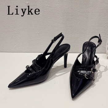 Liyke Висококачествена лачена кожа с остри пръсти Стилети на ток Дамска модна каишка с катарама Елегантна парти рокля Помпи Обувки Сандали