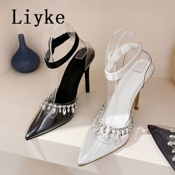 Liyke Секси PVC прозрачни дамски помпи Дизайнерски сватбени парти Сандали с остри пръсти Тънки високи токчета Летни дамски обувки