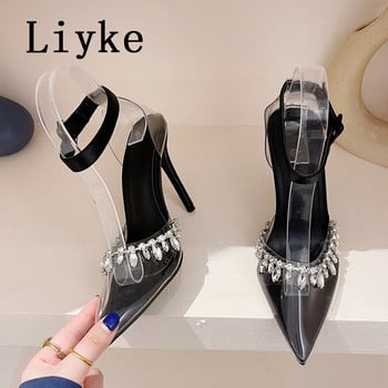 Liyke Секси PVC прозрачни дамски помпи Дизайнерски сватбени парти Сандали с остри пръсти Тънки високи токчета Летни дамски обувки