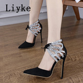 Liyke mustad kontsad naistele Säravate litritega õõnsad pahkluu rihmaga pumbad sandaalid, naiste seksikad terava varbaga tikk-kingad Muulad