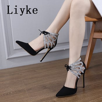 Liyke Черни обувки на ток за жени Дамски сандали с издълбани каишки на глезена с блясък и секси дамски секси обувки с остър връх на шпилки