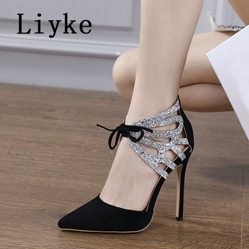Liyke Черни обувки на ток за жени Дамски сандали с издълбани каишки на глезена с блясък и секси дамски секси обувки с остър връх на шпилки