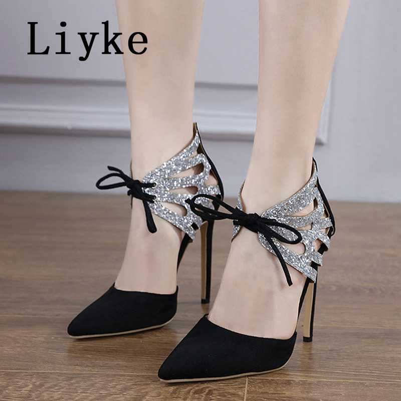 Liyke mustad kontsad naistele Säravate litritega õõnsad pahkluu rihmaga pumbad sandaalid, naiste seksikad terava varbaga tikk-kingad Muulad