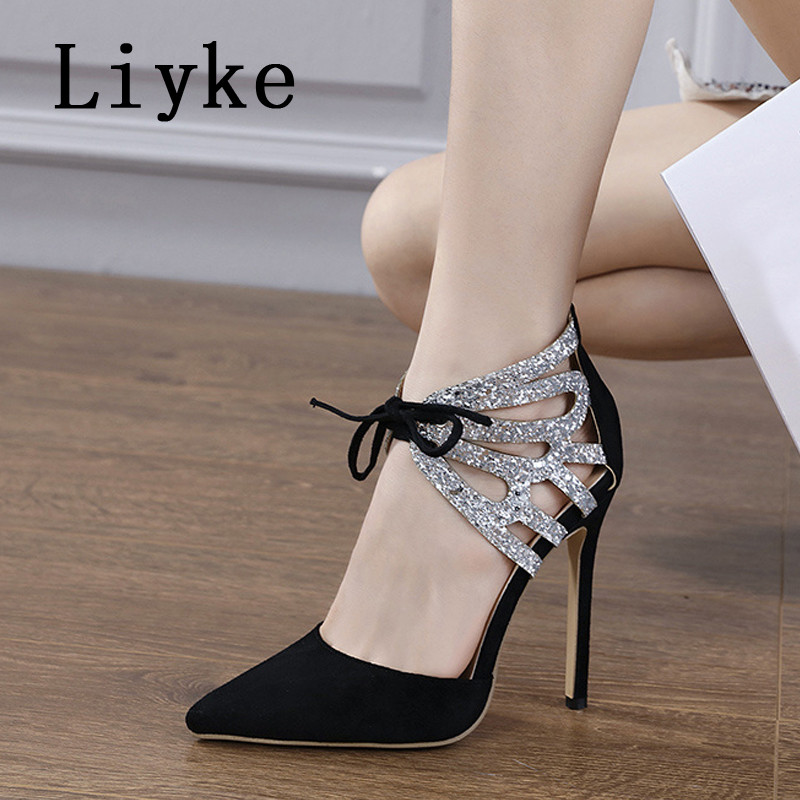 Liyke mustad kontsad naistele Säravate litritega õõnsad pahkluu rihmaga pumbad sandaalid, naiste seksikad terava varbaga tikk-kingad Muulad