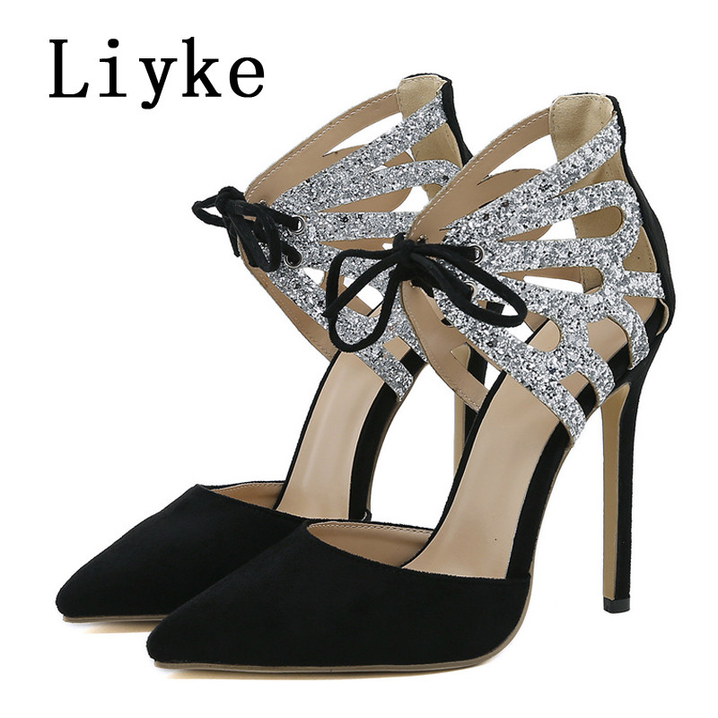 Liyke mustad kontsad naistele Säravate litritega õõnsad pahkluu rihmaga pumbad sandaalid, naiste seksikad terava varbaga tikk-kingad Muulad