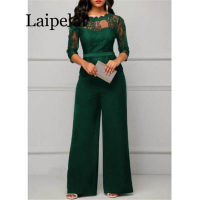 Salopetă de modă pentru femei, mărime mare, oferta caldă, salopetă de petrecere, de culoare solidă, cu jumătate de dantelă, salopetă lungă elegantă